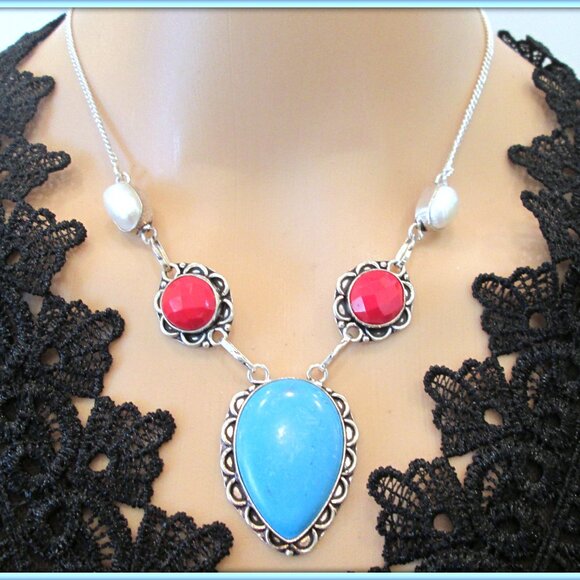 Turquoise natural gemstone coral pearl  ladies 925 silver Necklace - Picture 1 of 5